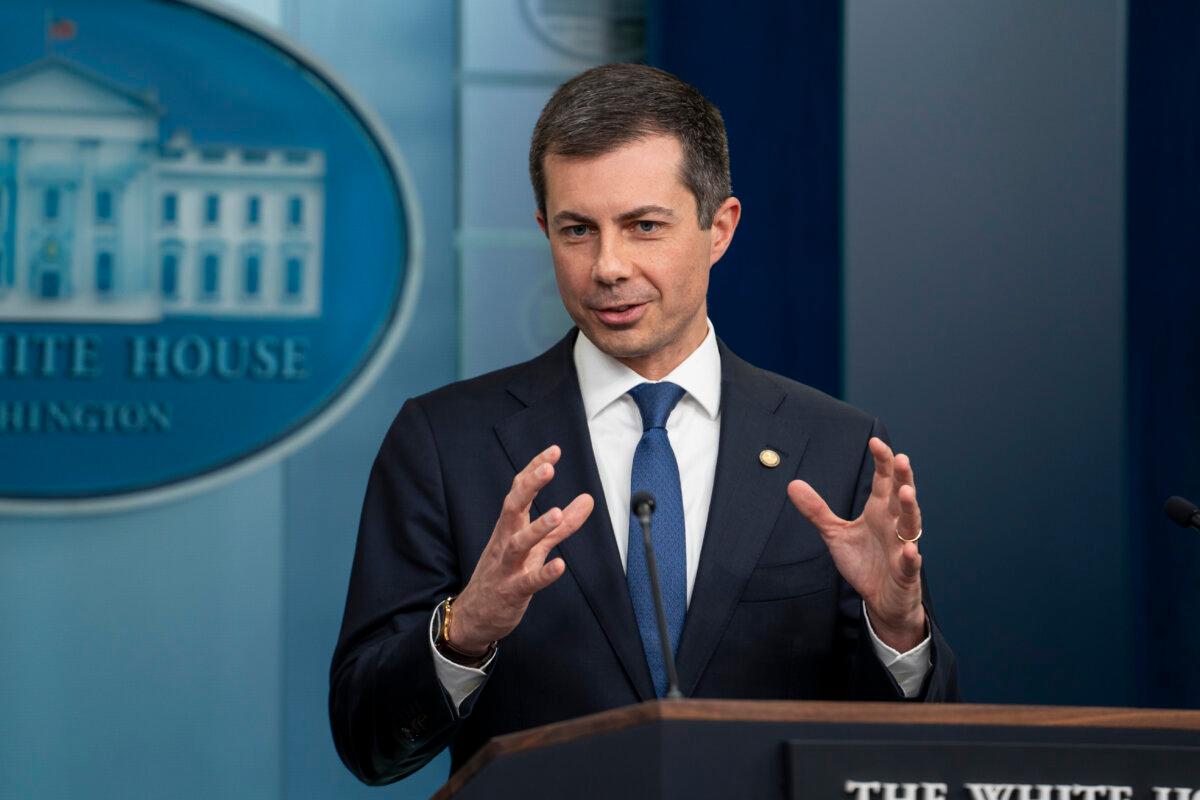 Secretary of Transportation Pete Buttigieg speaks during a press briefing at the White House in Washington on March 27, 2024. (Madalina Vasiliu/The Epoch Times)