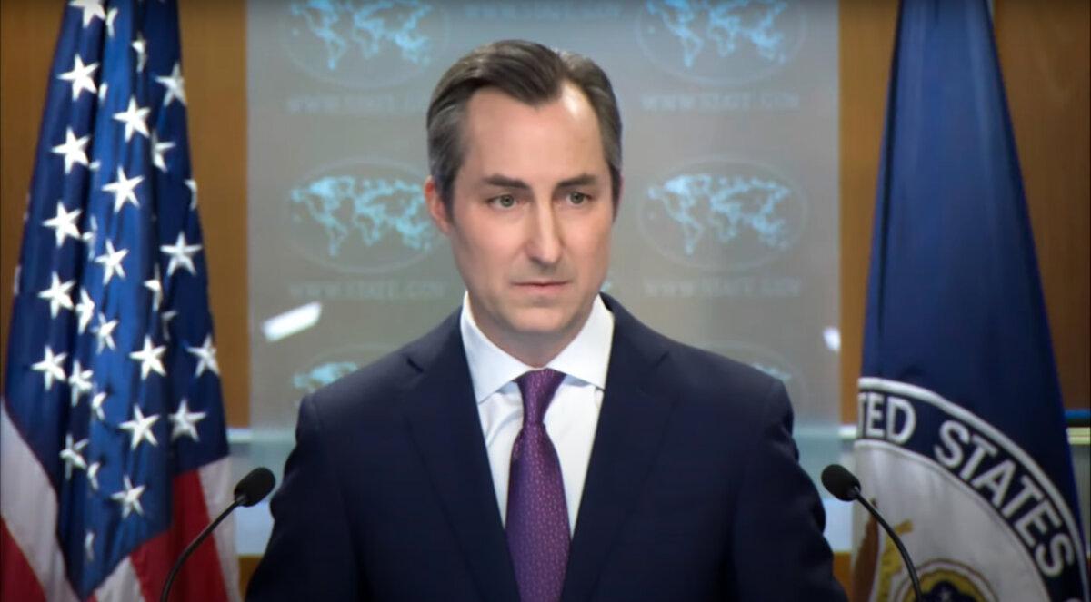 State Department spokesperson Matthew Miller during a press briefing on March 27, 2024. (Screenshot/The Epoch Times)