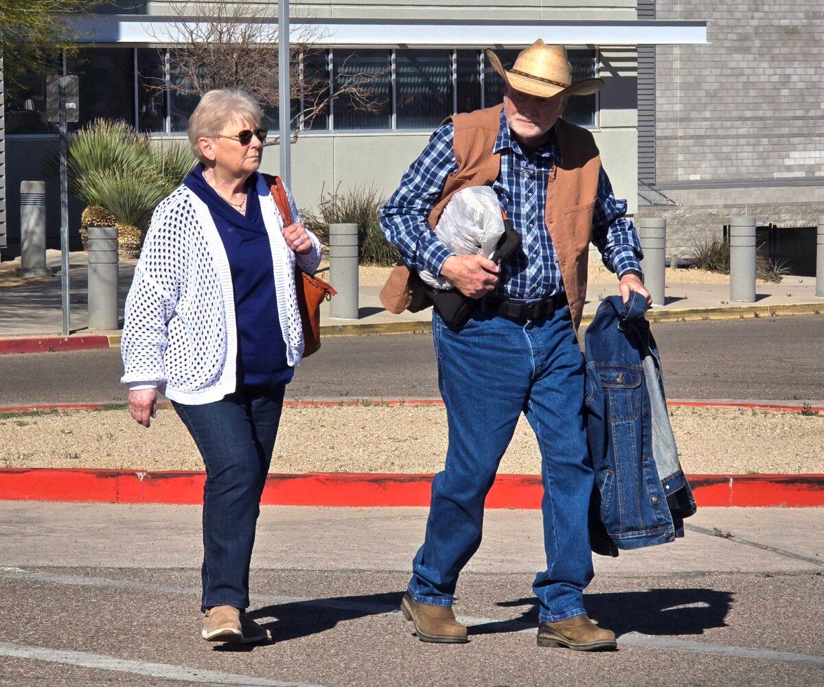 George and Wanda Kelly leave the superior court in Nogales, Ariz., on April 3, 2024. (Allan Stein/The Epoch Times)