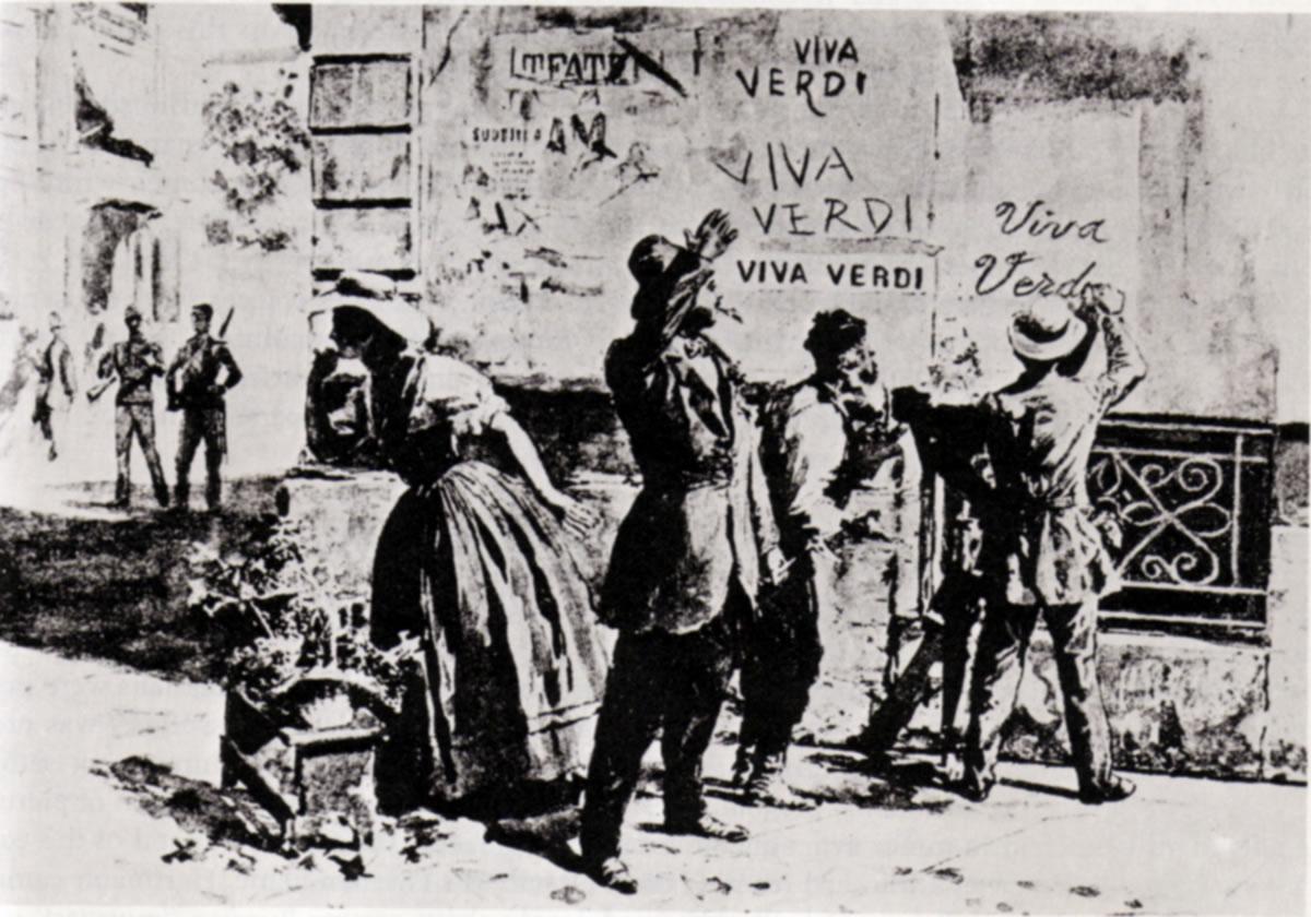 Painting "Viva Verdi" slogans, 1859. (Public Domain)