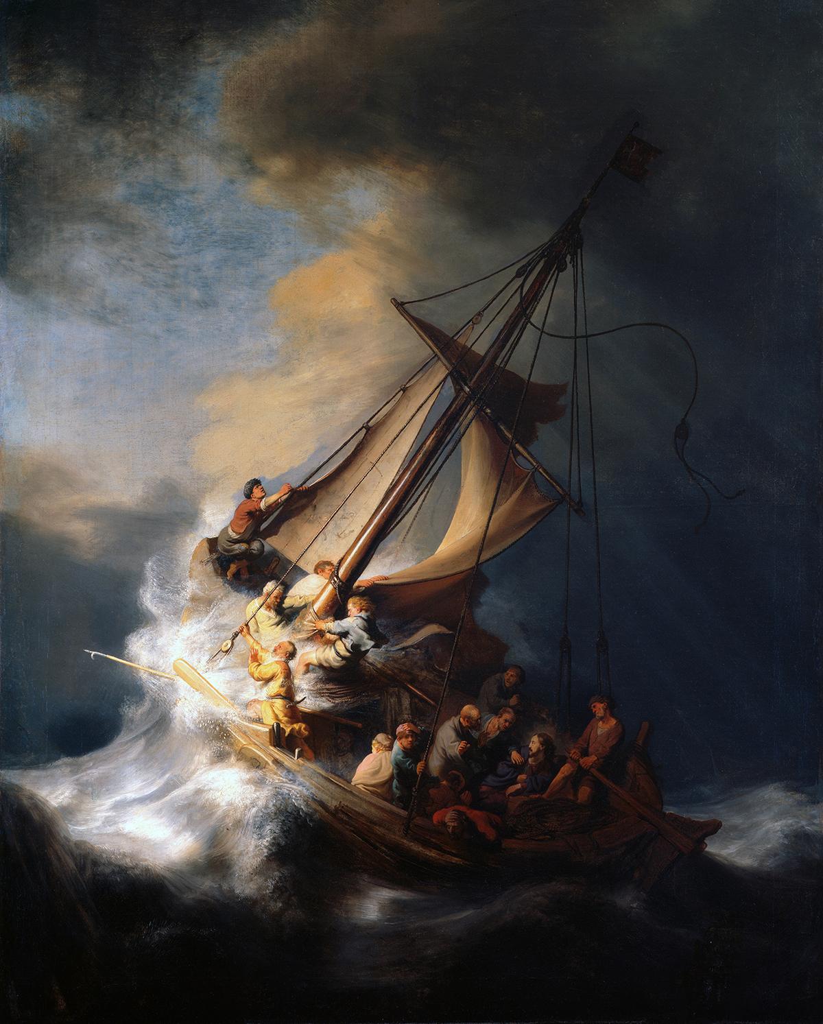 "Christ in the Storm on the Sea of Galilee," 1633, by Rembrandt. Oil on canvas; 63 inches by 50 3/8 inches. Stolen in 1990 from the Isabella Stewart Gardner Museum, Boston. (Public Domain)