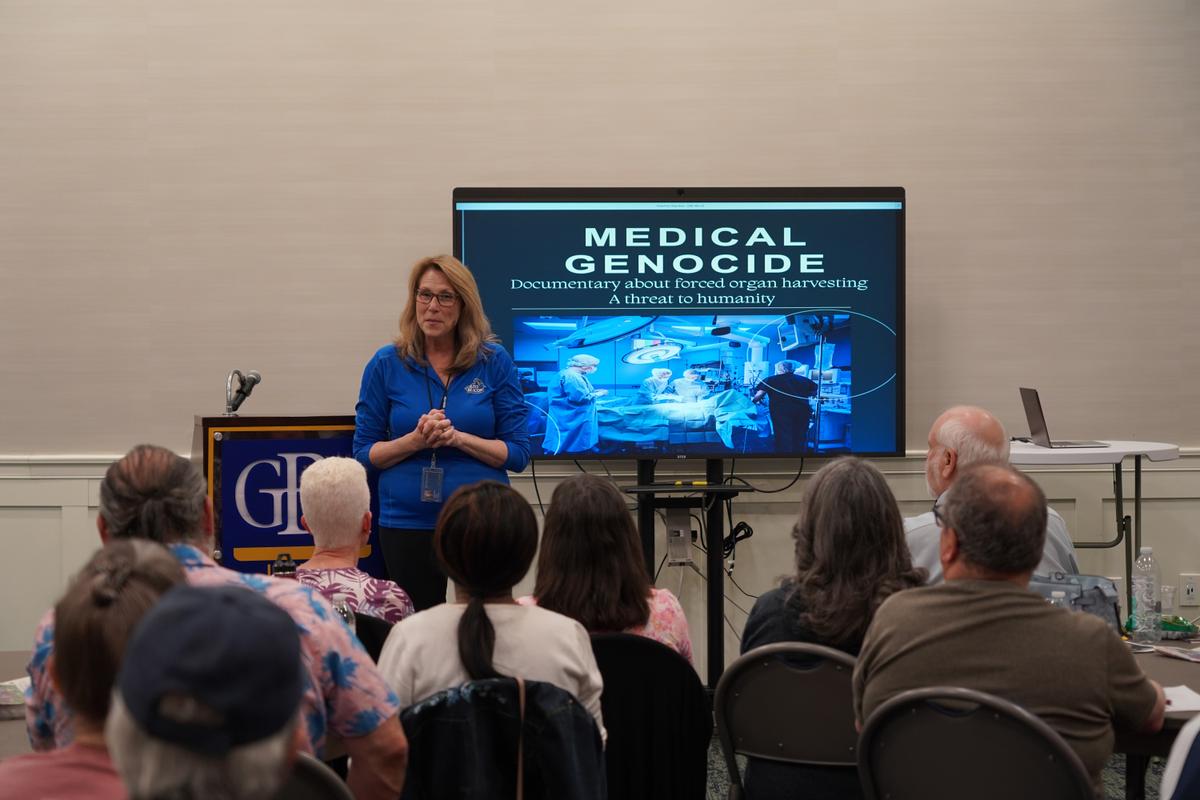 Colleen Perry Keith, the president of GBC, attends the documentary screening of “Medical Genocide” at Goldey-Beacom College (GBC) in Delaware on April 10, 2024. (Jennifer Yang/The Epoch Times)