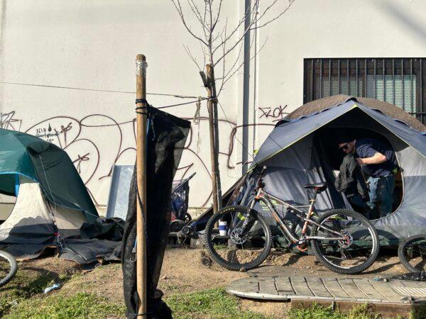 The "Camp Integrity" homeless encampment on Andersen Drive in San Rafael, Calif., on April 16, 2024. (Brian Back/The Epoch Times)