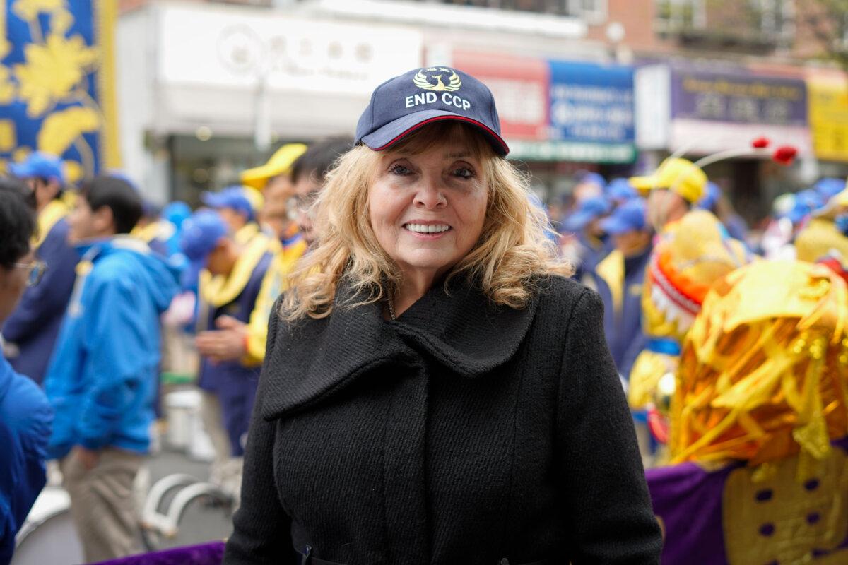 Cecilia Crowley at a rally calling for an end to the persecution in China of the spiritual discipline Falun Gong, in the Flushing neighborhood of Queens, New York, on April 21, 2024. (Chung I Ho/The Epoch Times)