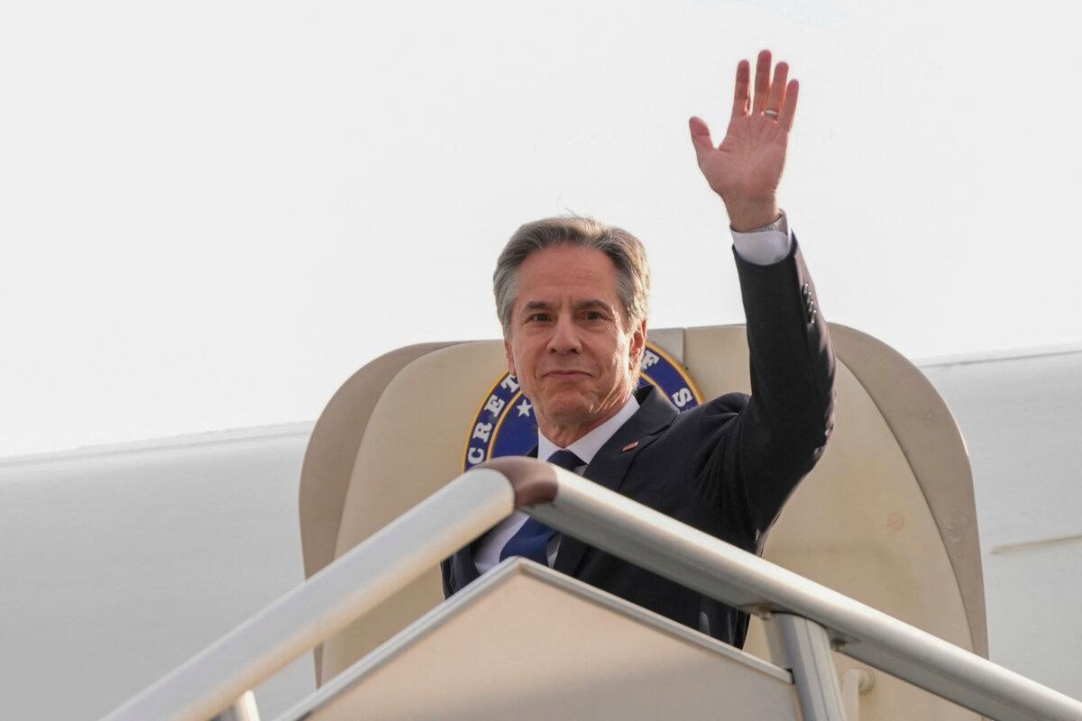 U.S. Secretary of State Antony Blinken waves on his arrival in Shanghai on April 24, 2024. (Mark Schiefelbein/AFP via Getty Images)