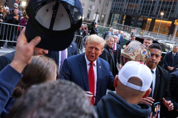Former President Donald Trump greets union workers at the construction site of the new J.P. Morgan Chase building in New York City, on April 25, 2024. (Photo by Michael M. Santiago/Getty Images)